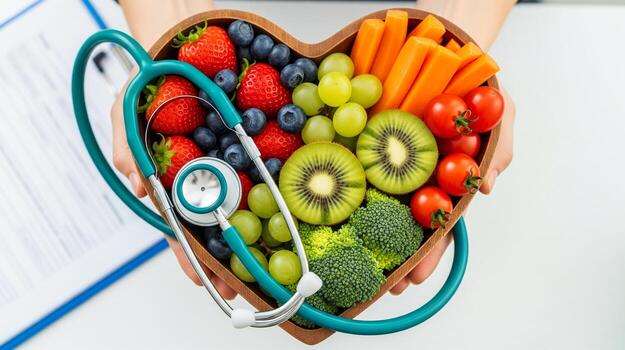 Fresh produce arranged around a heart-health symbol